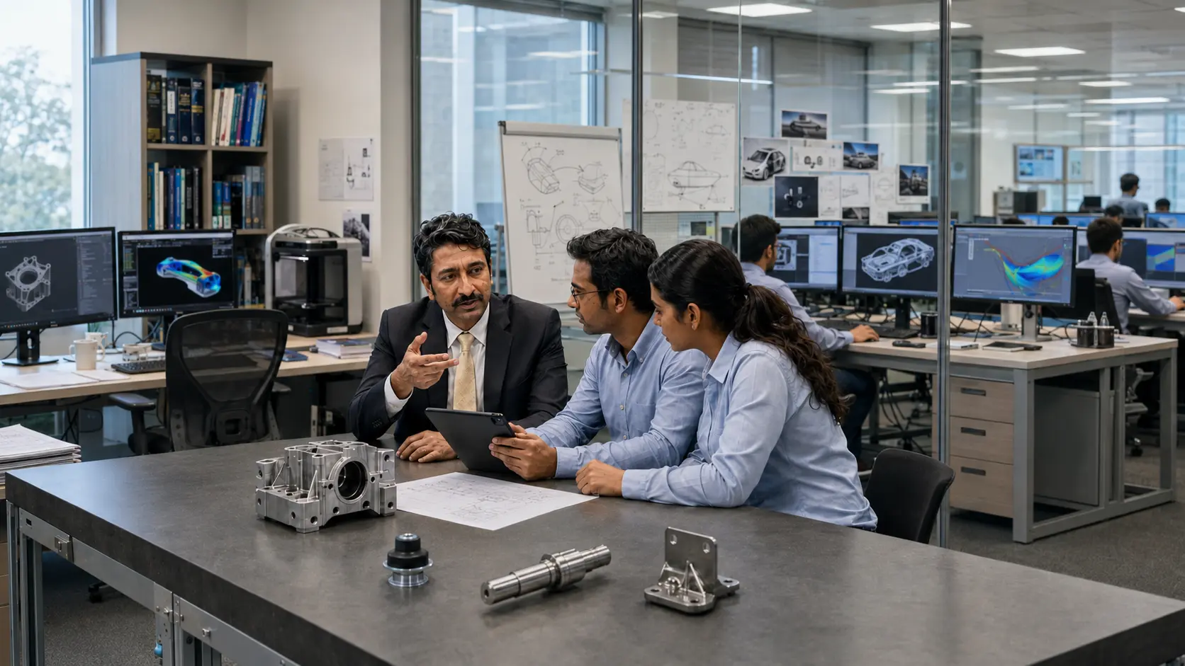 Engineering and quality services team reviewing CAD designs and precision components
